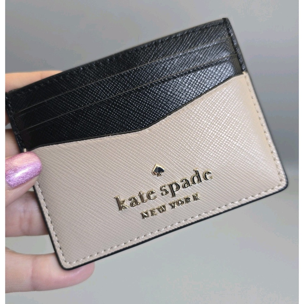 Kate Spade Staci Slim Card Holder Beige Black Colorblock Saffiano Leather - Picture 7 of 7